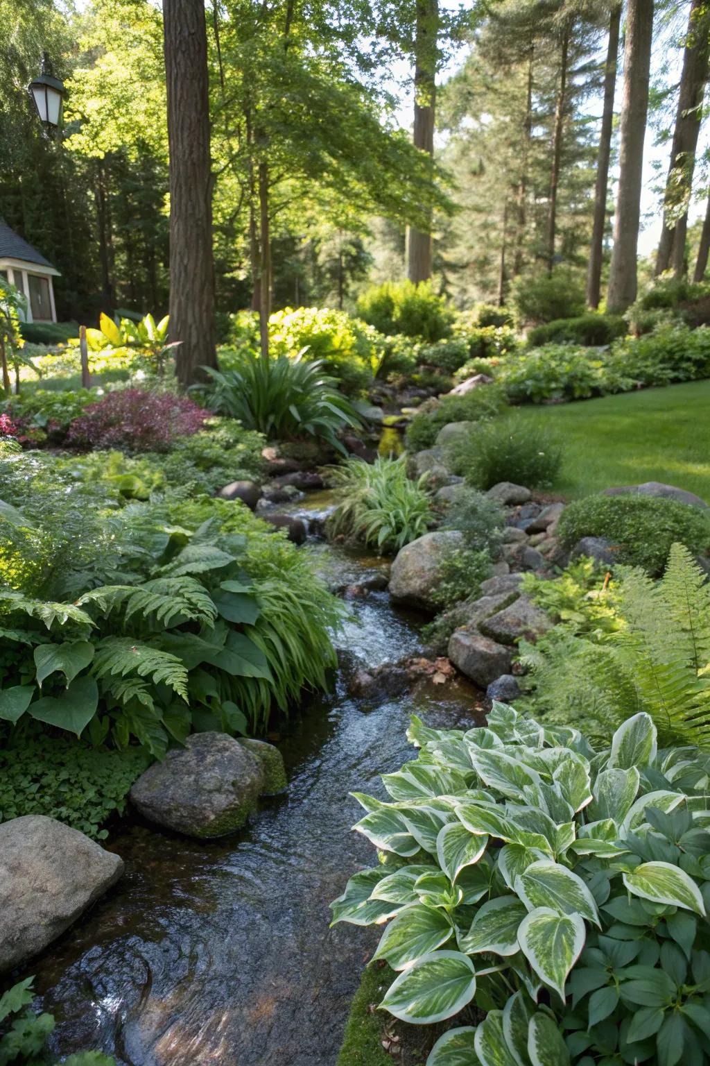 A forest-inspired stream design with lush greenery.