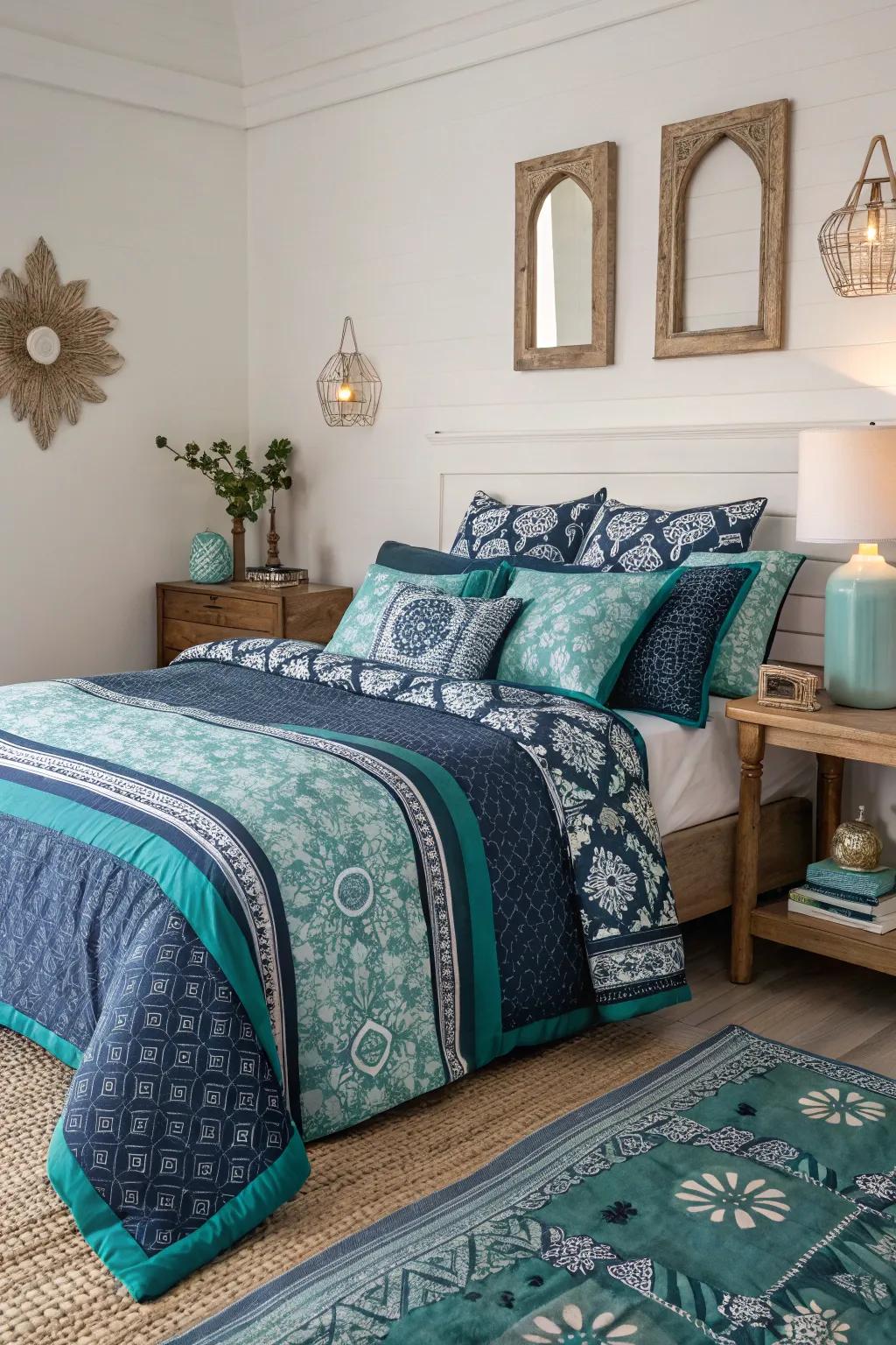 Mixing designs adds dynamic energy to your bedroom space.