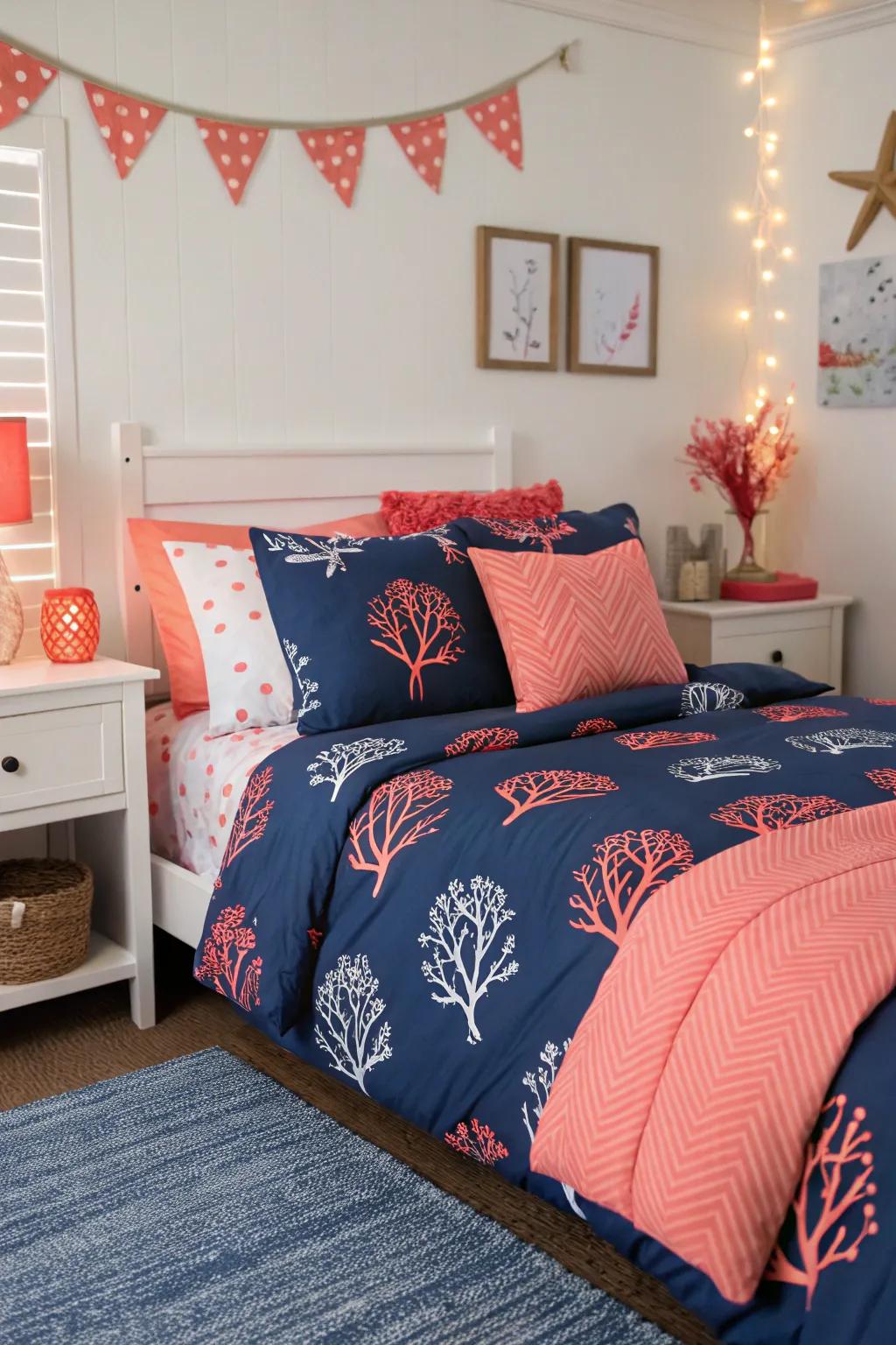 With coral accents and dark blue bedding, you may add a splash of color.