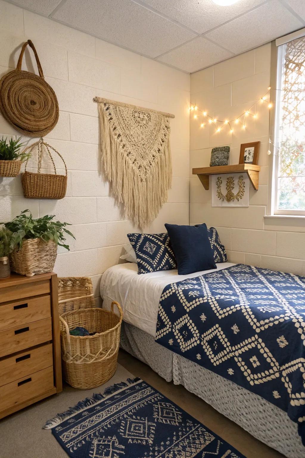 Bohemian chic nuances contribute a tranquil vibe to your dorm room.