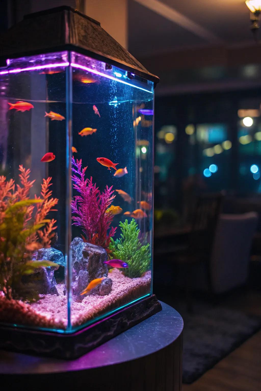 Reflective exteriors amplify the vibrant fluorescent radiance in this aquarium.