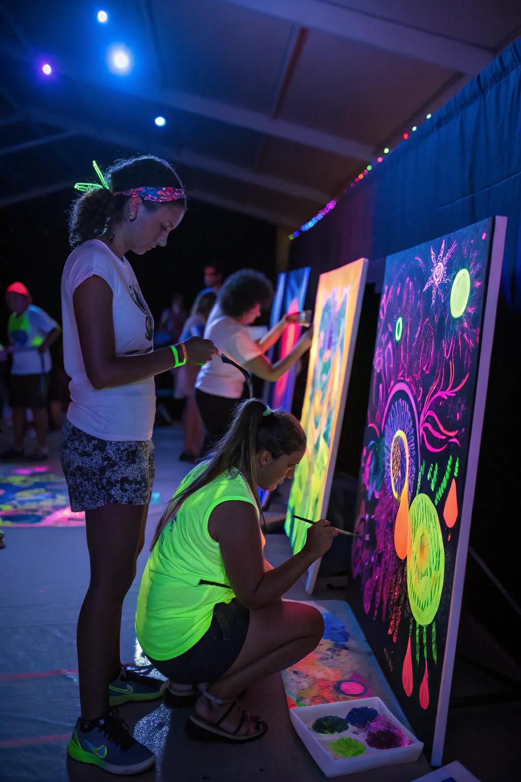 Patrons at a neon pigment fête fashioning radiant masterpieces, injecting a creative nuance into the jubilation.