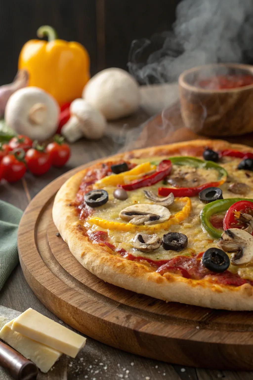 A homemade Iron Cookware pizza, bringing a creative twist to your New Year's celebration.