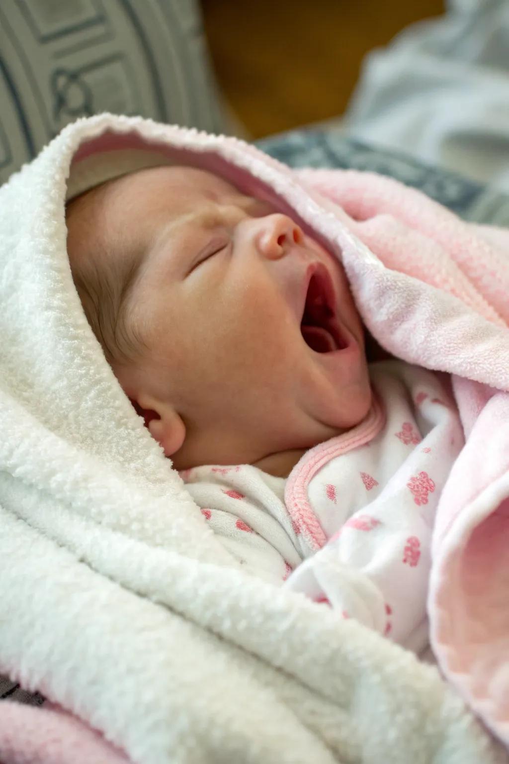 A candid newborn photograph capturing a spontaneous moment.