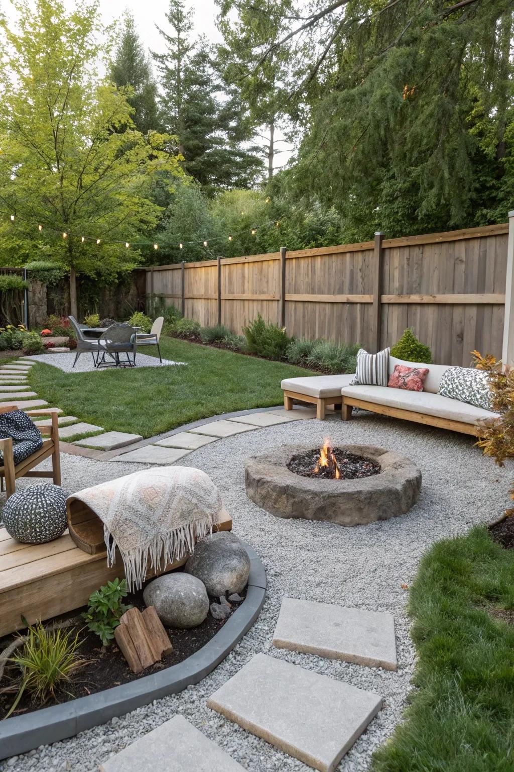 A well-organized backyard using gravel to define distinct zones.