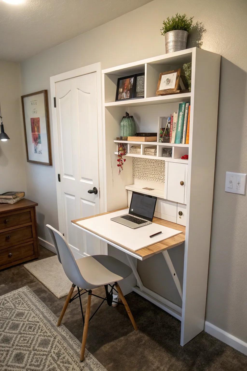 A fold-down work surface provides a space-efficient solution for modest offices.