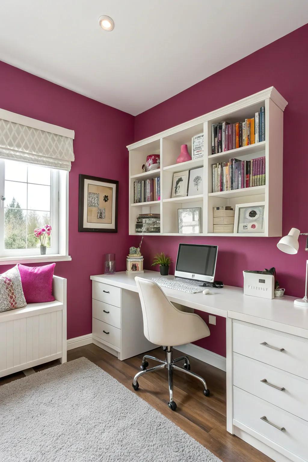 Fuchsia accents infuse an audacious and whimsical element into your office.