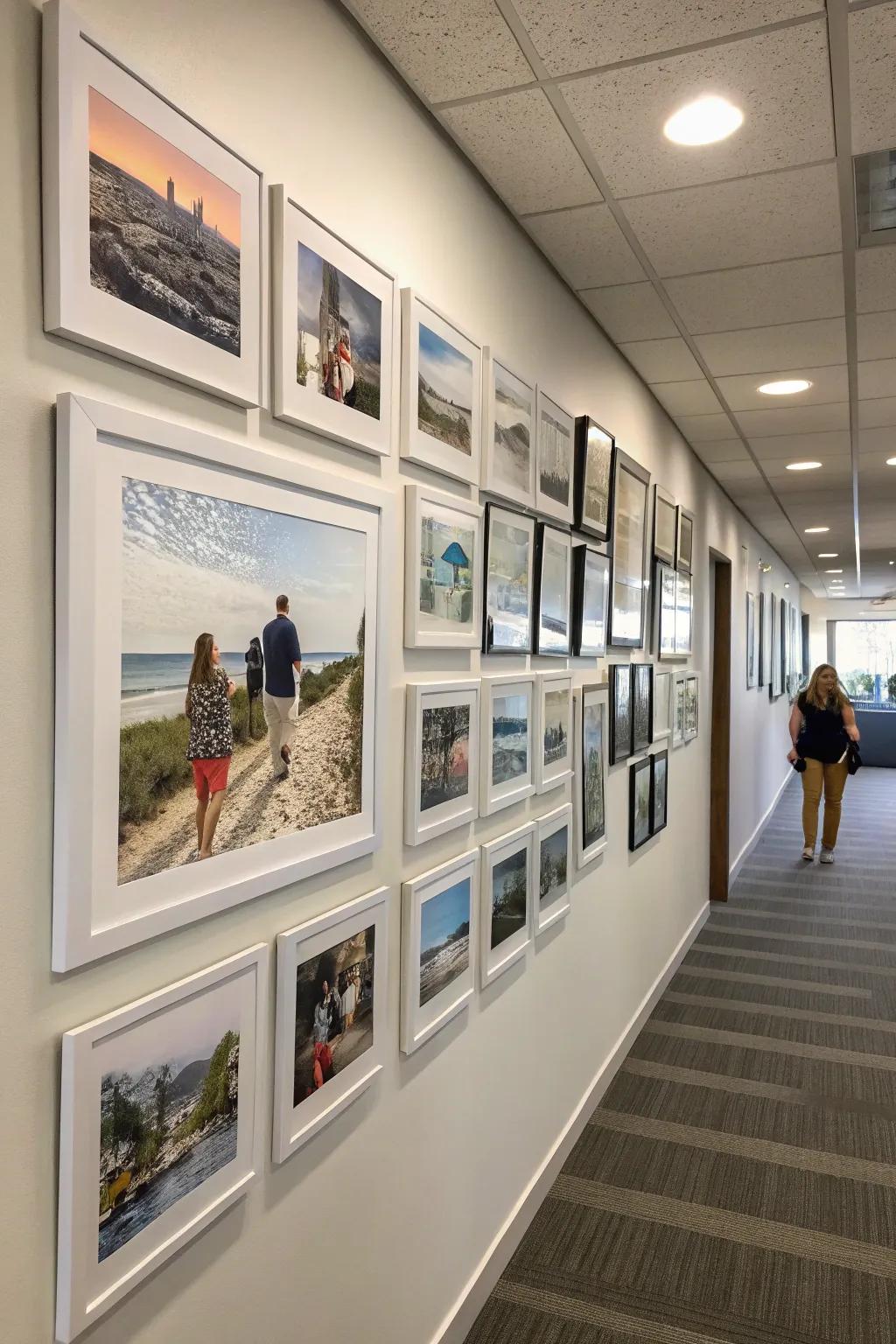 A snapshot collage partition that imparts warmth and a personal essence to the office milieu.