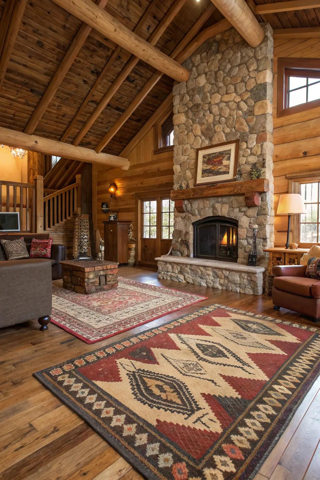 Lodge living room featuring layered rugs in a variety of textures and patterns.