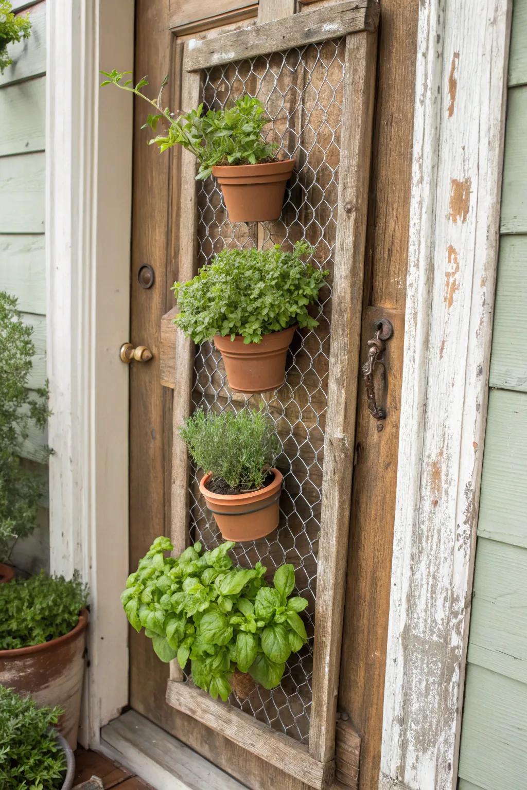 Transfigure a classic screen door into your personal cookhouse herb oasis.