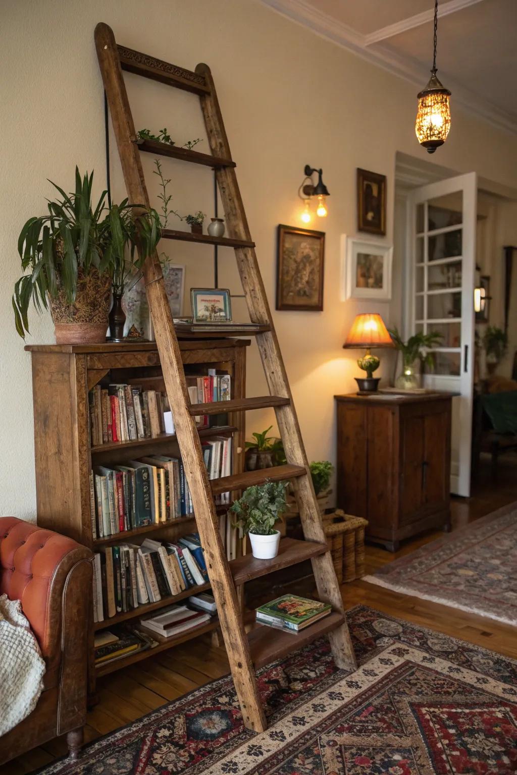 Classic ladders repurposed as special shelving.