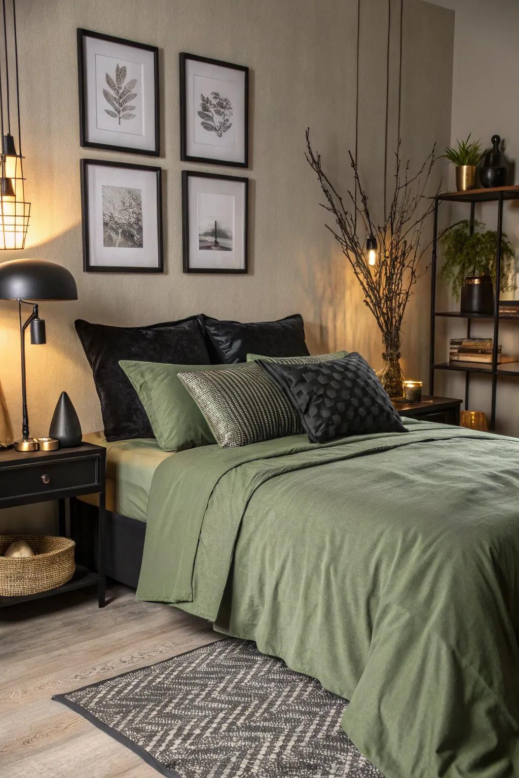 Black accents provide a striking contrast to <strong><em>olive green bedding</em></strong>.” loading=”lazy” class=”pimg”>
	</picture><figcaption>Black accents provide a striking contrast to <strong><em>olive green bedding</em></strong>.</figcaption></figure>
<p>For a bold design declaration, use black accents together with olive green bedding. This remarkable combination is ideally suited to individuals with an appreciation for dramatic yet tasteful decor.</p>
<h3>Explore these options:</h3>
<ul class=