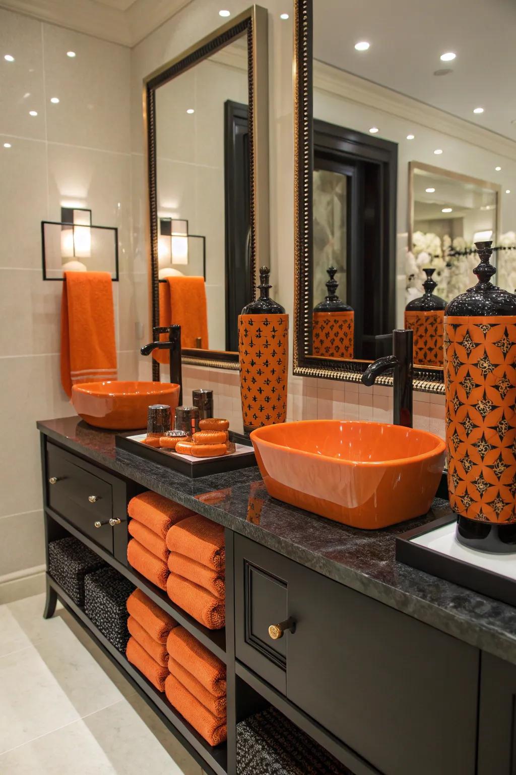 Elements of orange and black enhance the sophistication of the bathroom.