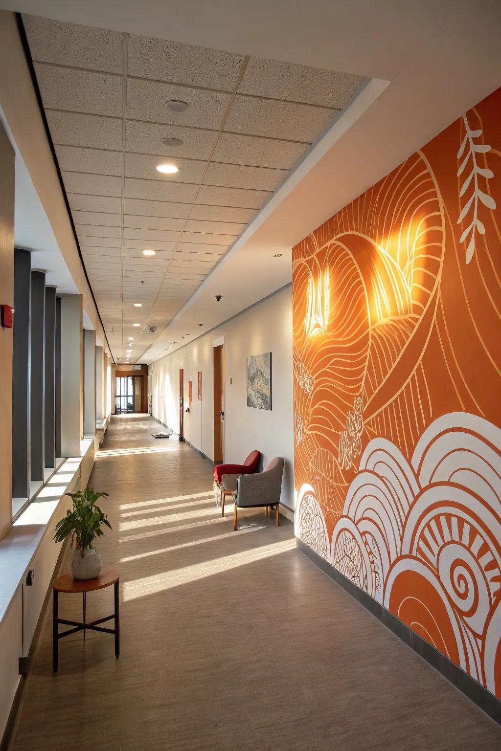 An entrance hall transformed into an art gallery with an abstract orange wall art.