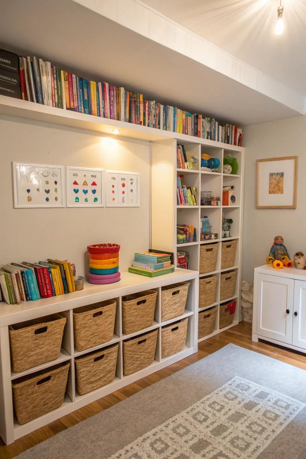 Narrow spaces are best used with shelves that rise vertically.