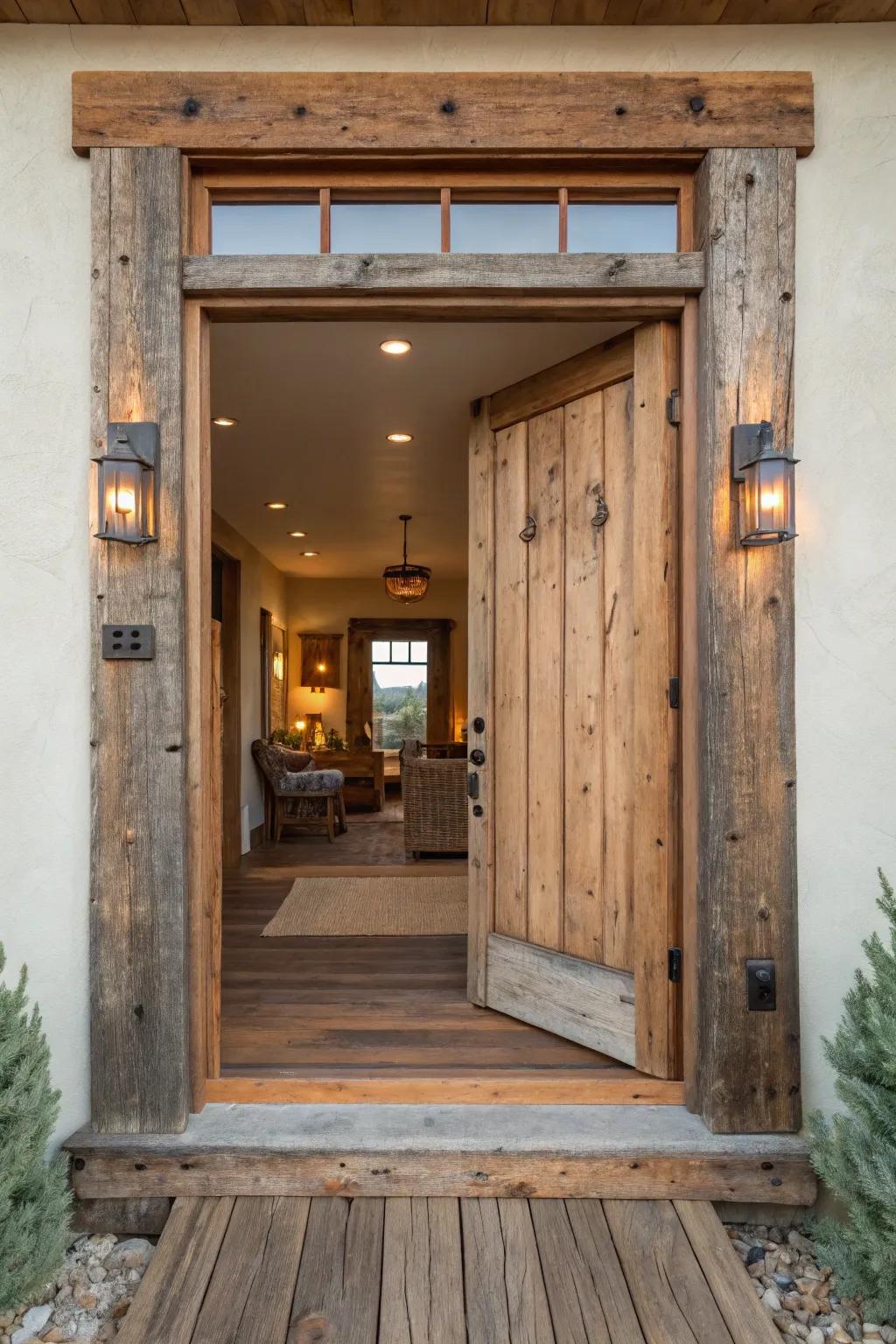 Reclaimed timber accents infuse warmth and a rustic ambiance into your entryway.