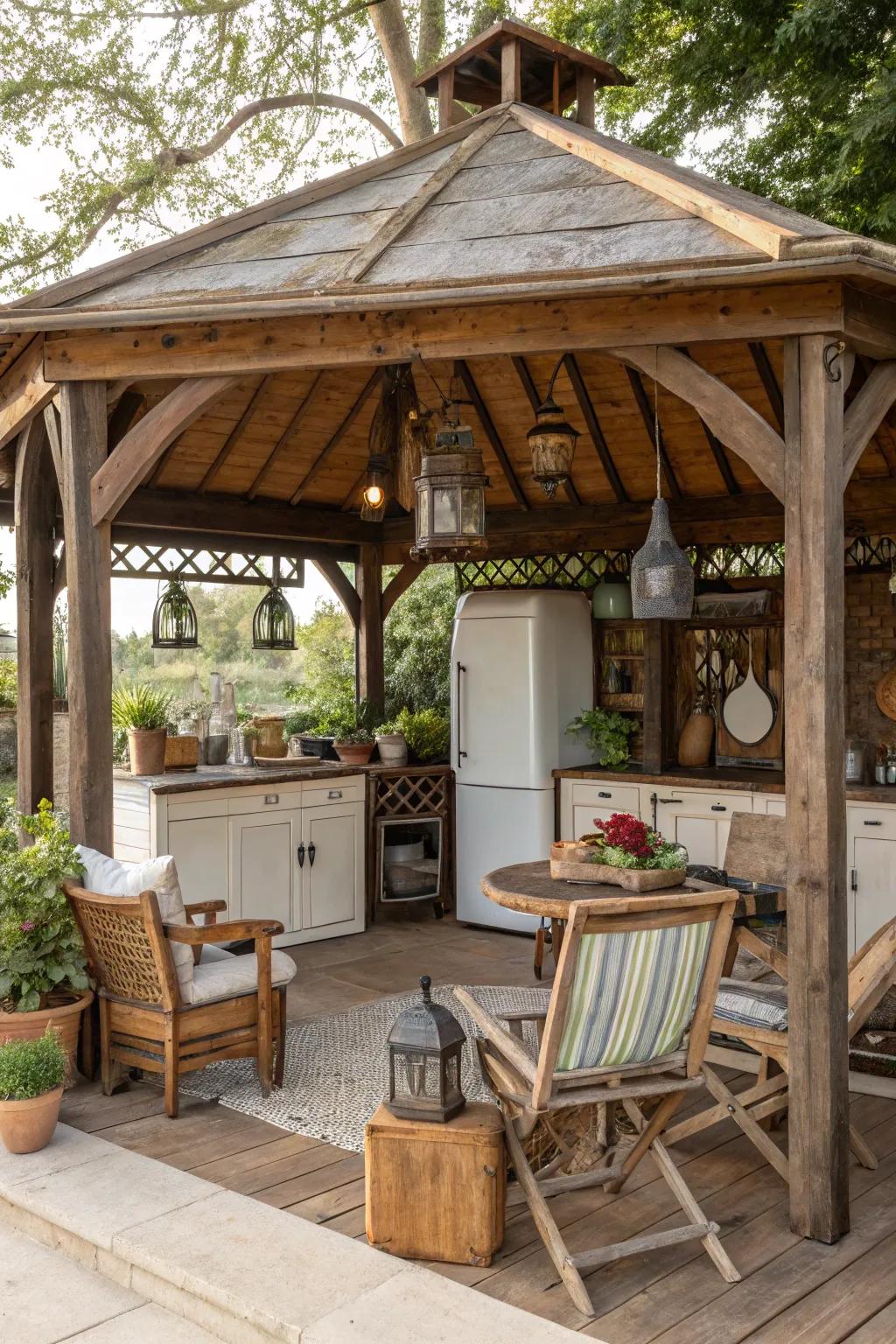 Convey nostalgic charm with a vintage-inspired outdoor cooking gazebo.