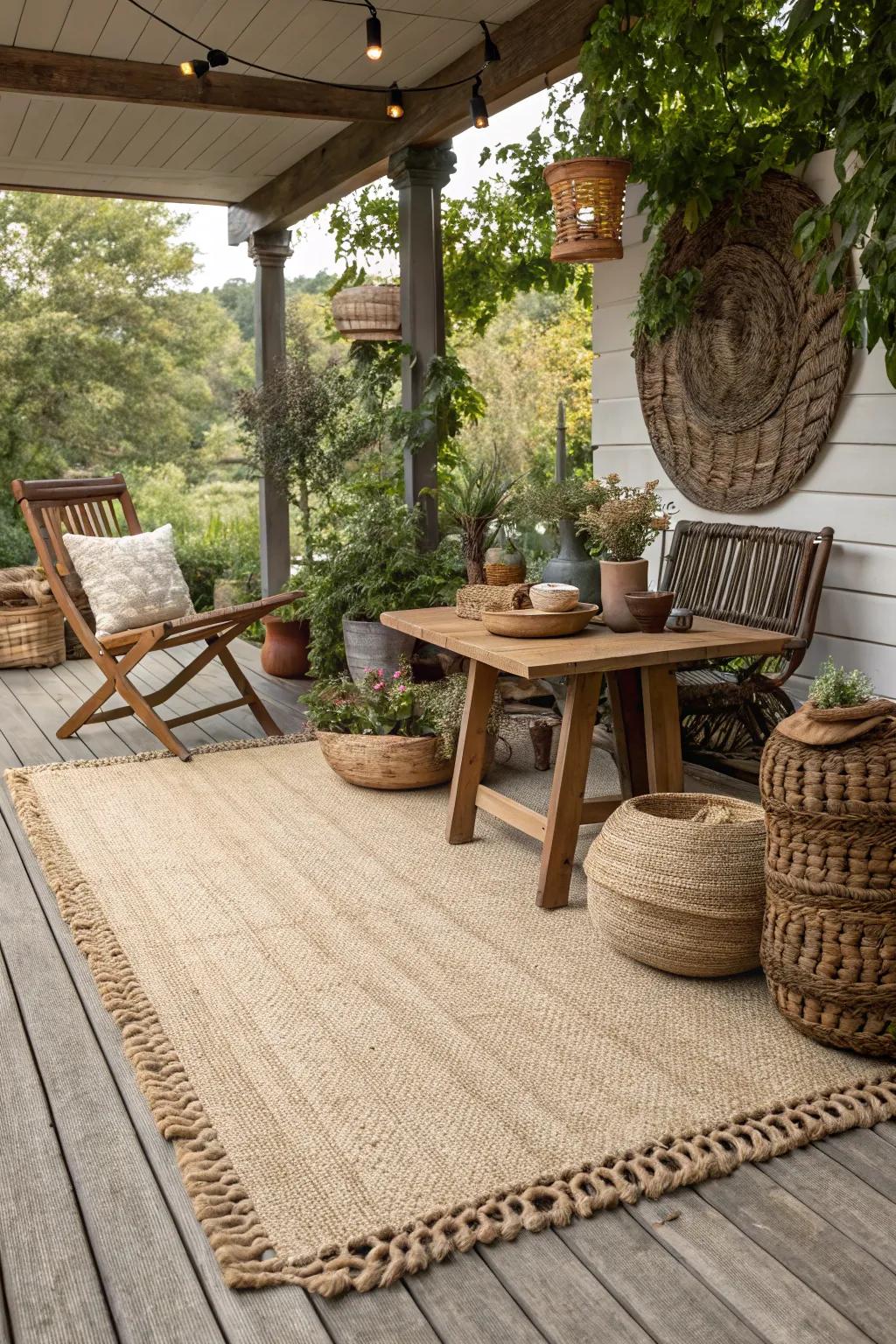 Rustic charm enhanced by natural fiber aesthetics.