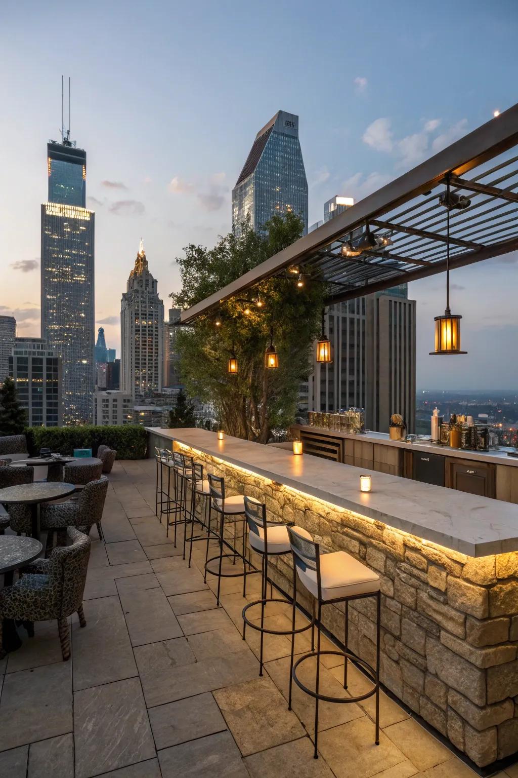 An urban stone bar haven that offers stunning skyline views.