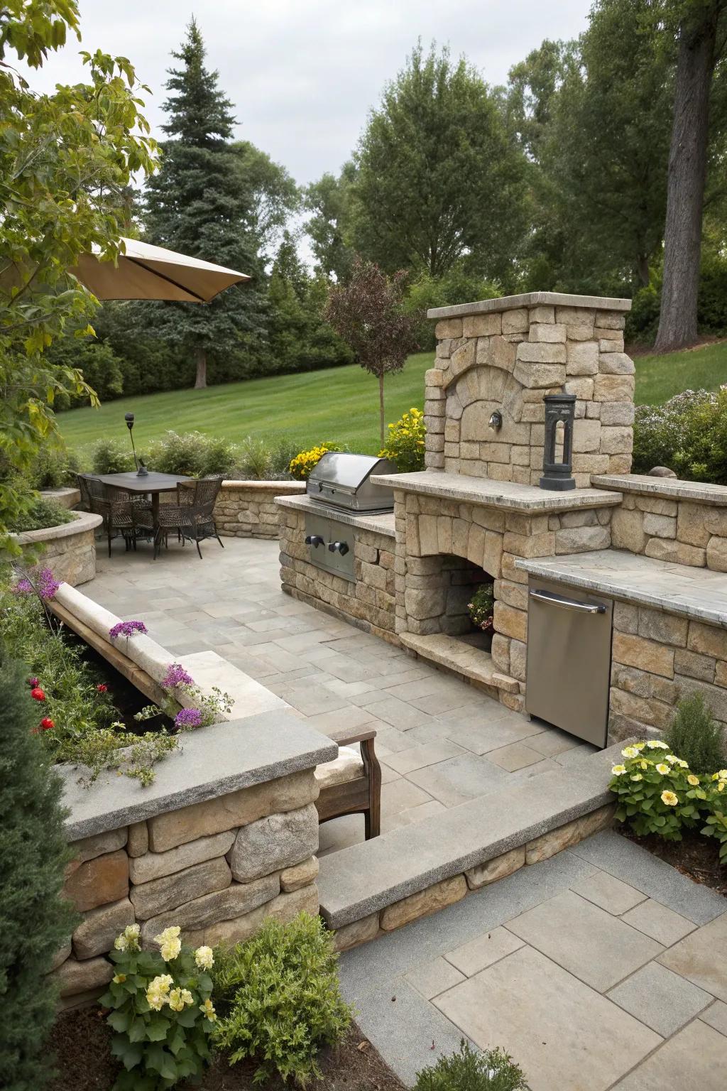 Integrated seating adjacent to your BBQ fosters a welcoming space suitable for gatherings.