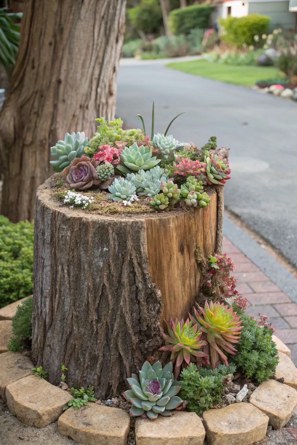 A succulent garden gracing a stump imparts dimension and captivation.