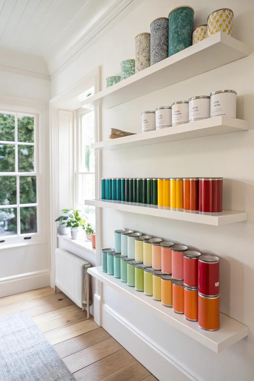 Floating shelves displaying paint cans in a minimalist style.