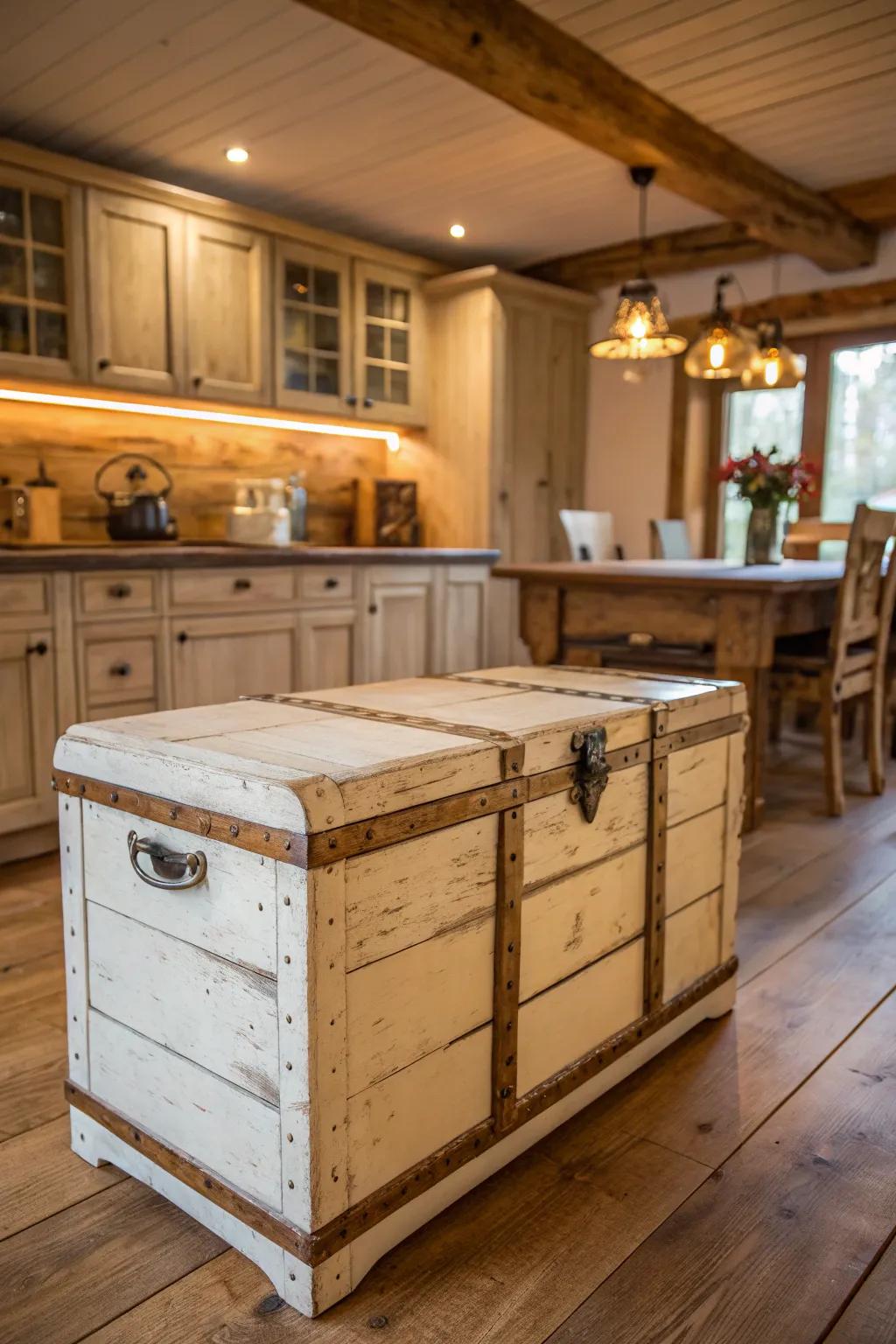 Rustic country house charm with a worn finish.