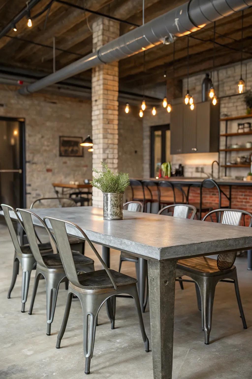 The faux concrete finish adds an industrial edge to your dining table.