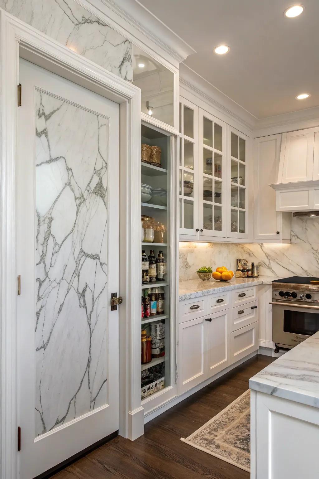 Integrating the pantry entrance with the backsplash enhances culinary cohesion.