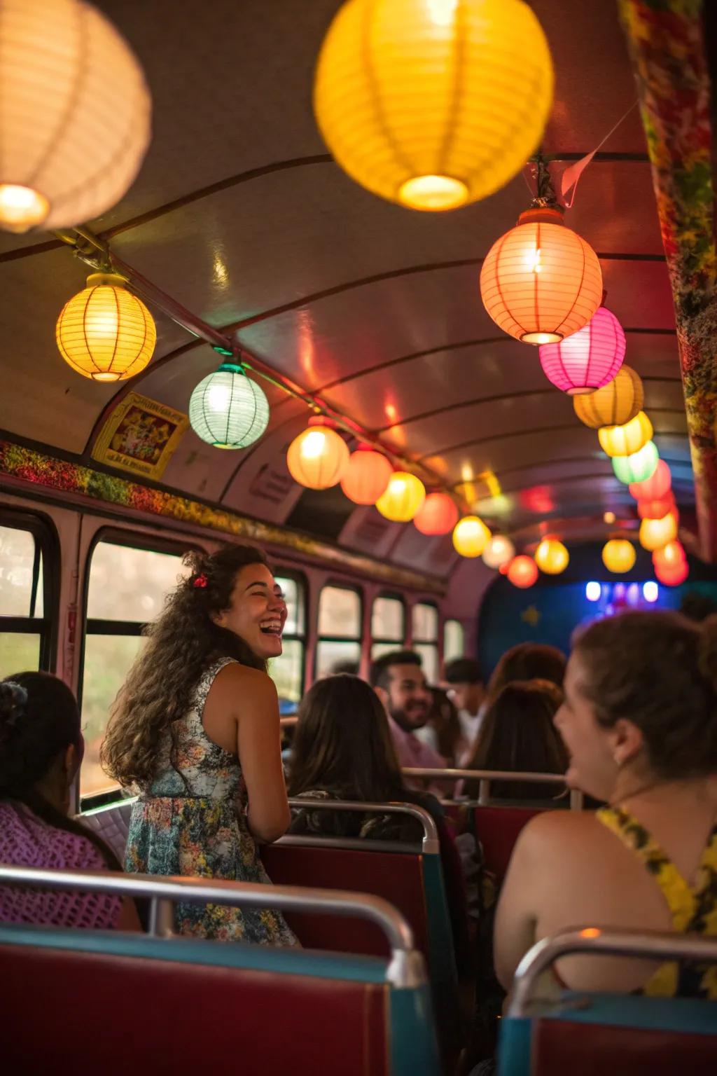 Suspended lanterns bring a cozy and intimate feel to the party bus.