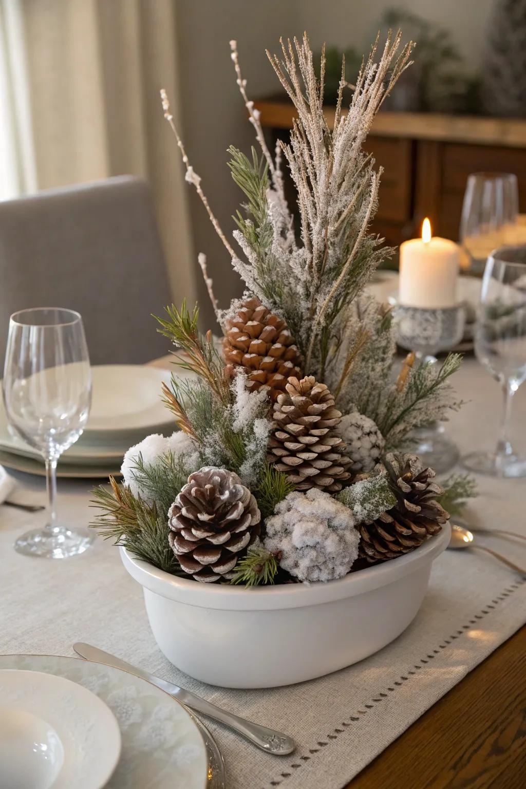 A winter-themed centerpiece featuring dusted pinecones.