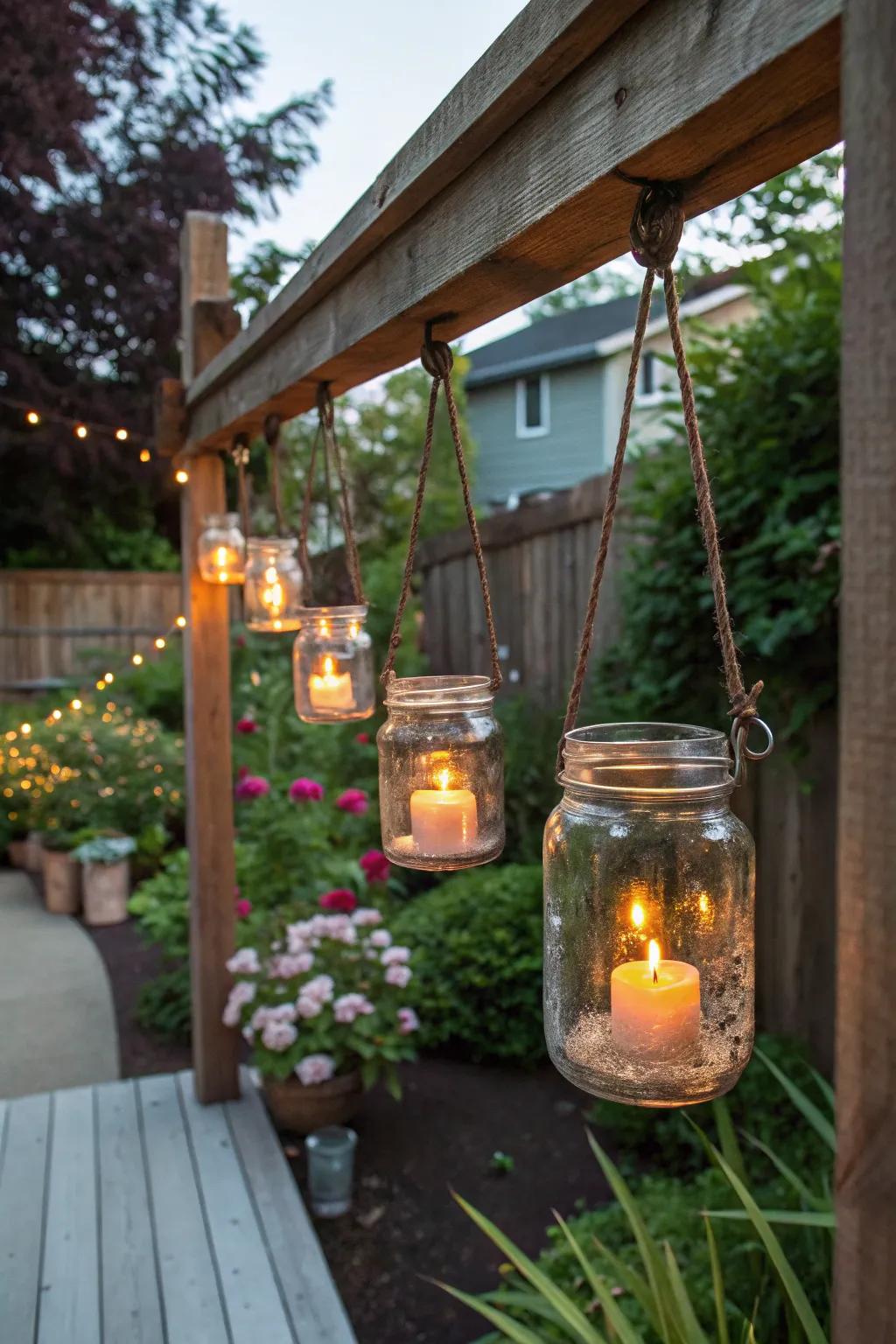 Handing jars provide rustic lighting.