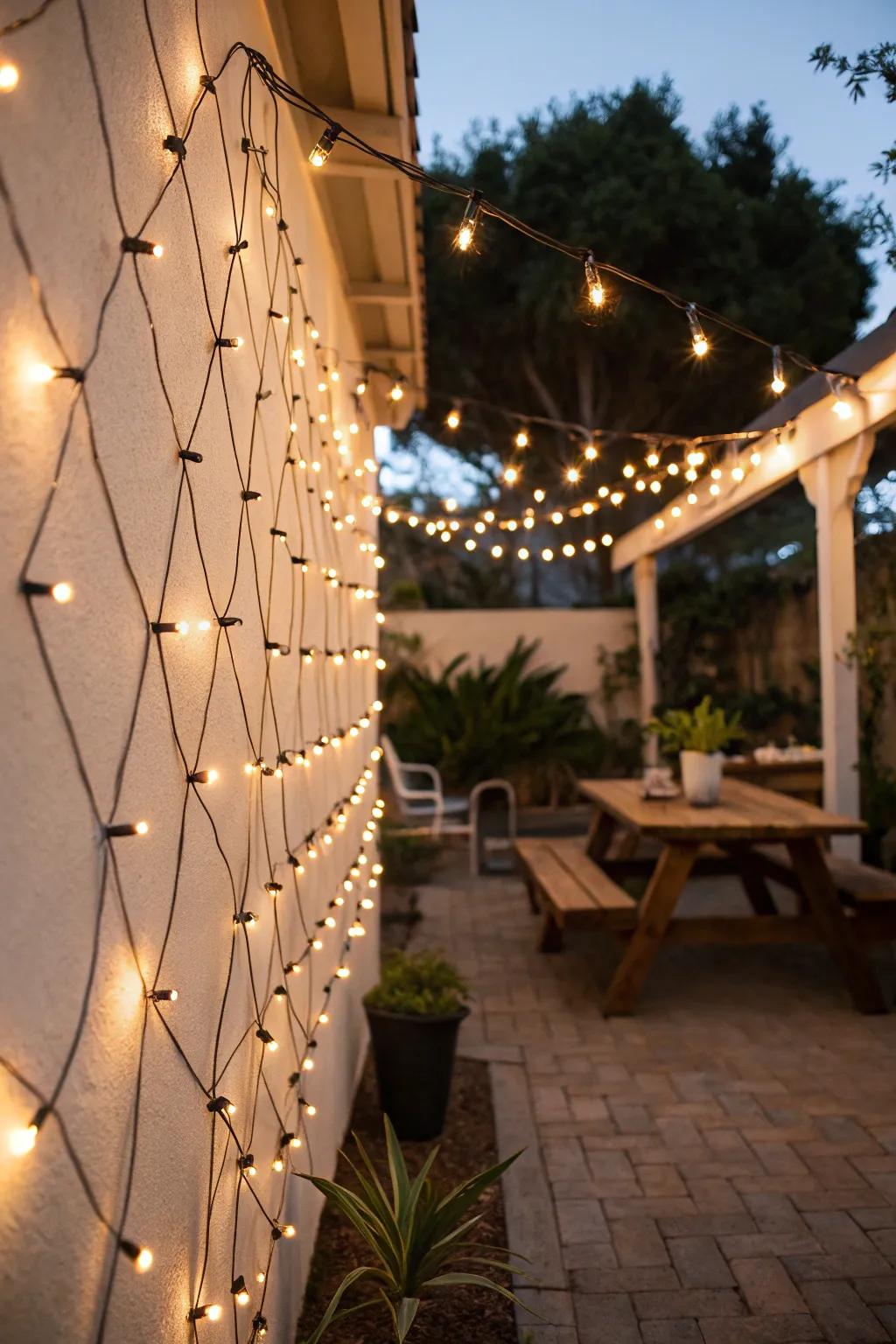 Whimsical string lights conjure a vibrant backdrop on the patio wall.