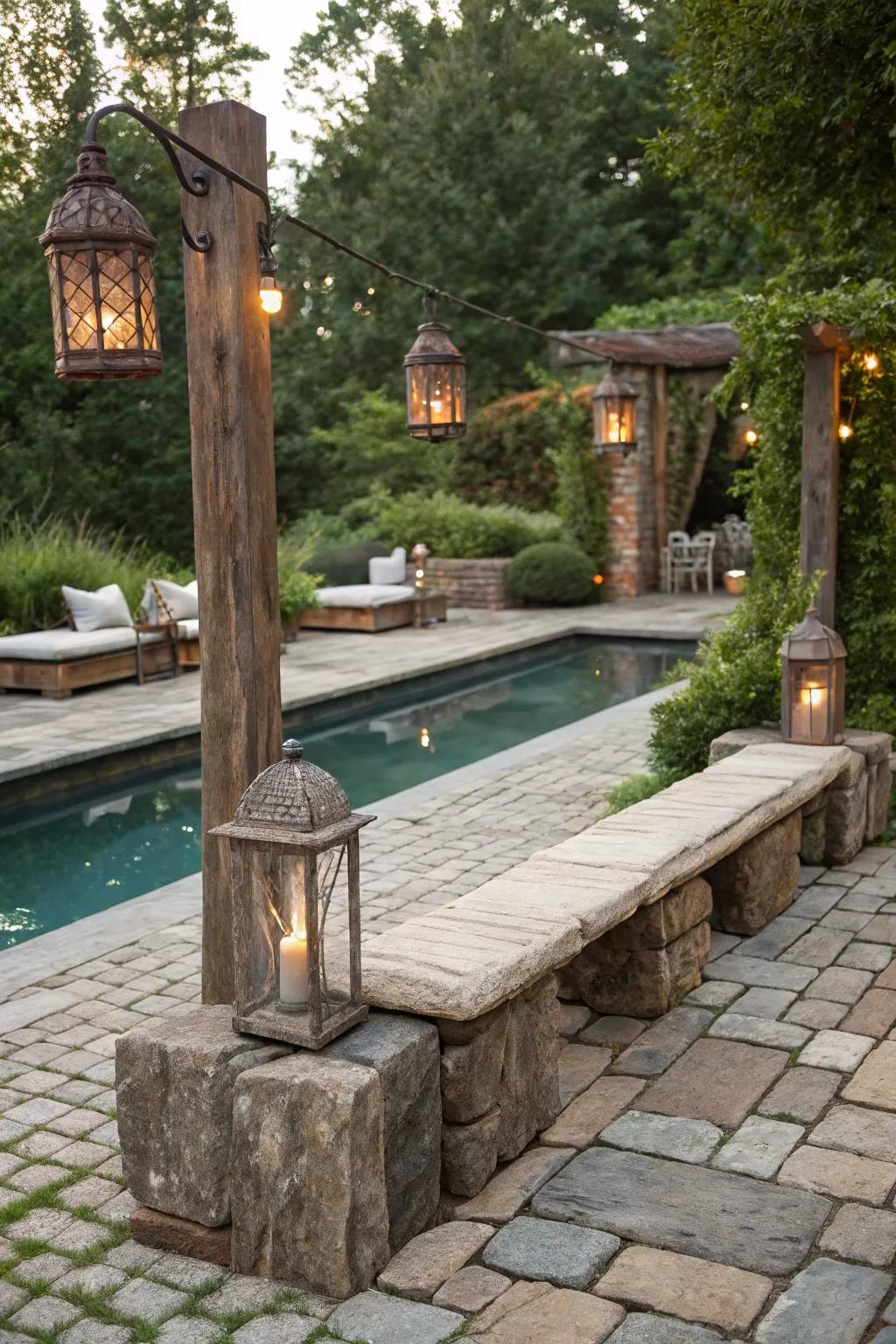 Aged pavers give the poolside a charming, historic feel.