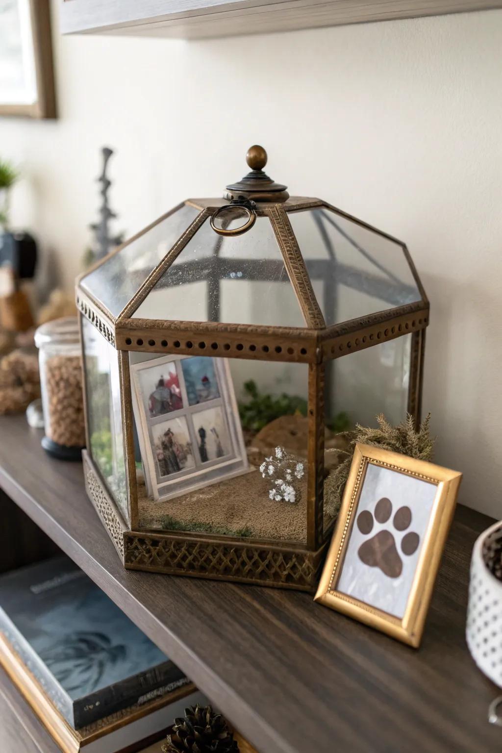 A meaningful memorial display box with a paw print.