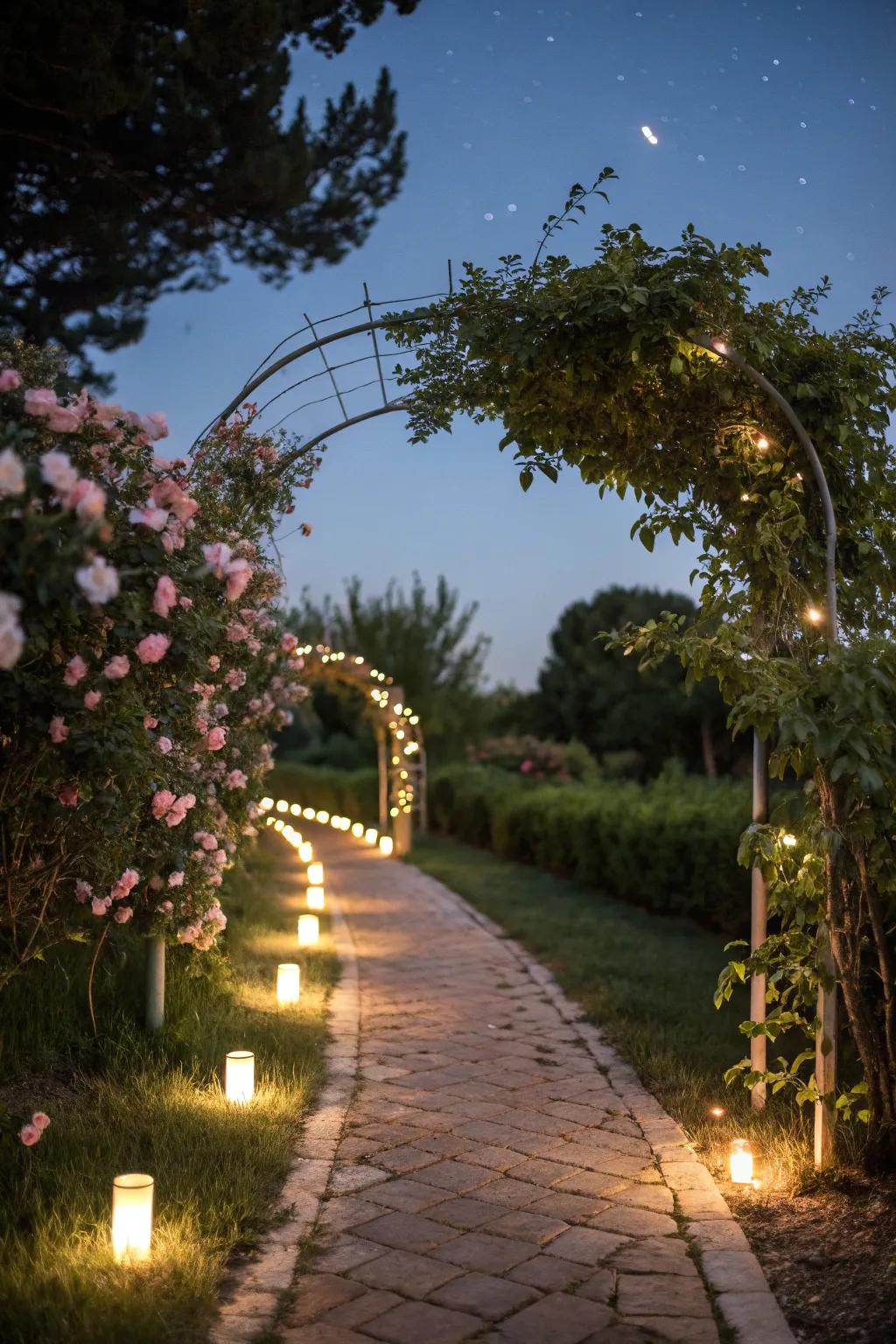 Exterior illumination enhancing the garden's nighttime ambiance.