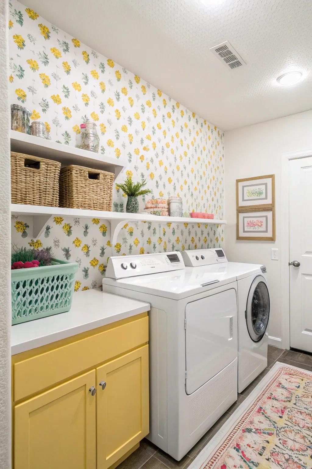 Offer your laundry quarter a joyful raise through vibrant wallpaper.