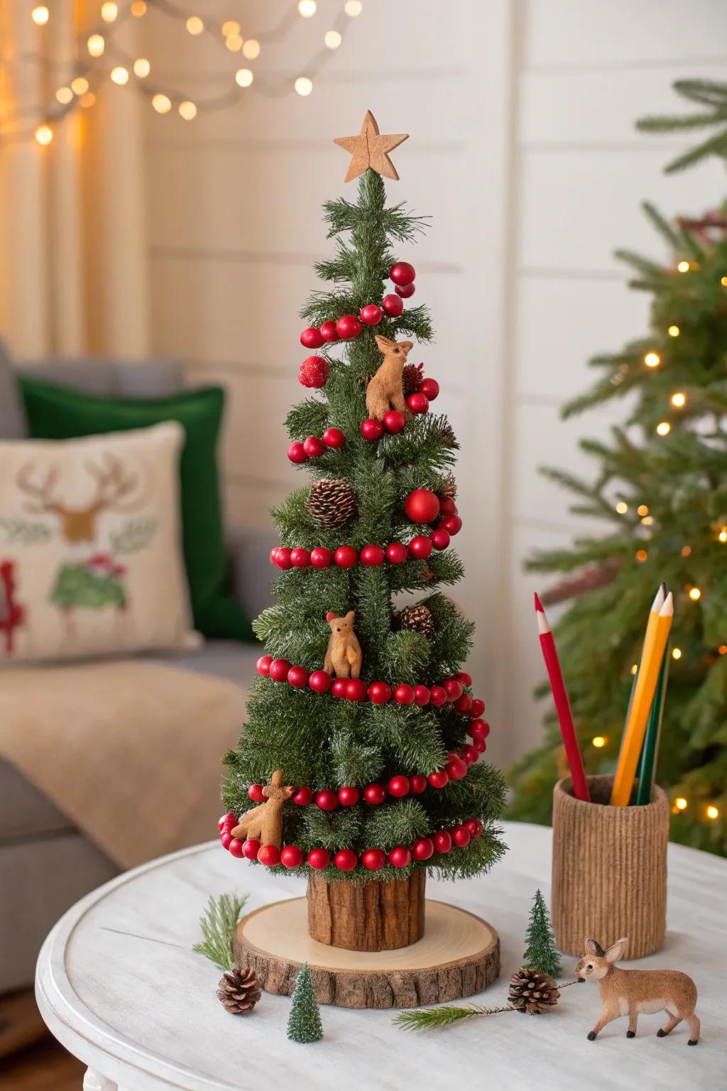 Fanciful forest theme with animal decorations on a slim tree.