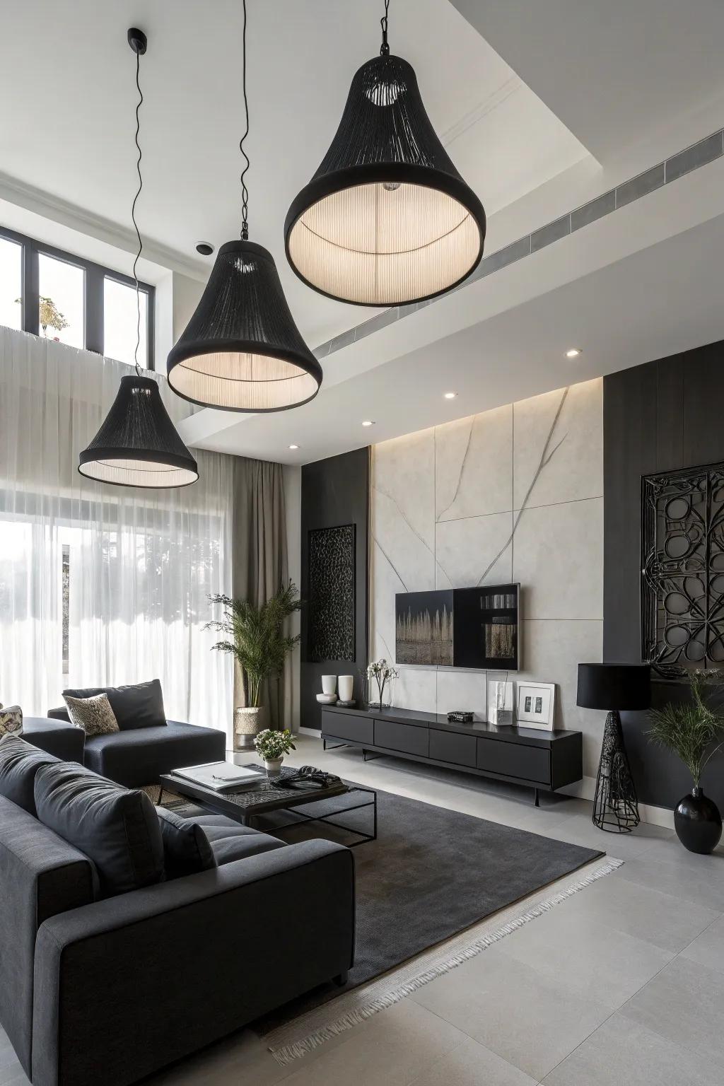 Monochrome pendants extend an impression that is both sleek and sophisticated.