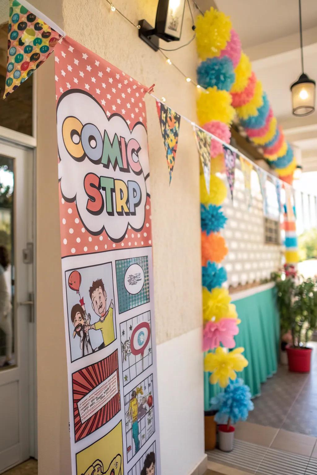 A whimsical comic theme banner featuring entertaining captions and speech bubbles.