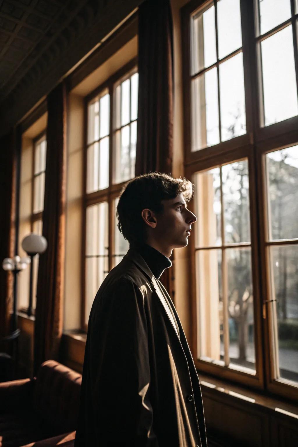 A portrait captured in a room with large windows and natural light.