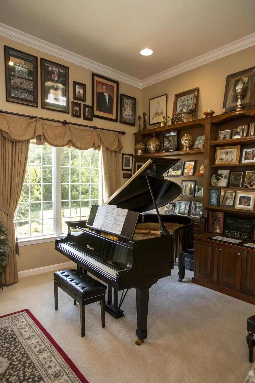 Personal touches create a lived-in and loved piano room.