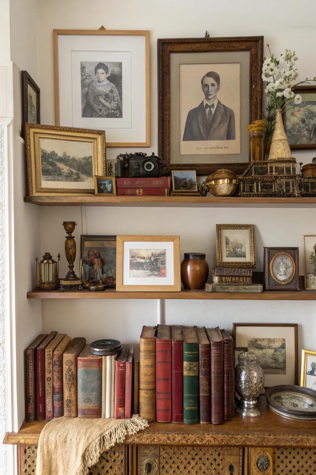 Incorporate vintage artifacts for a historical and character-enriching ledge.