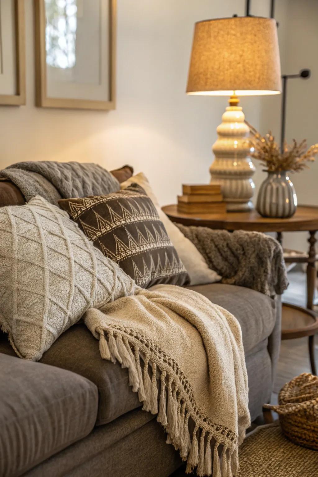 A couch with layered throws and pillows, creating an ultra-cozy spot.