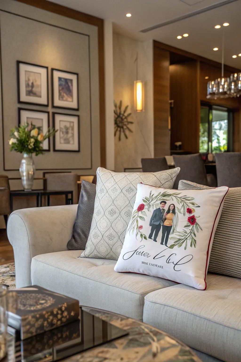 Custom print pillows adding a personal touch.