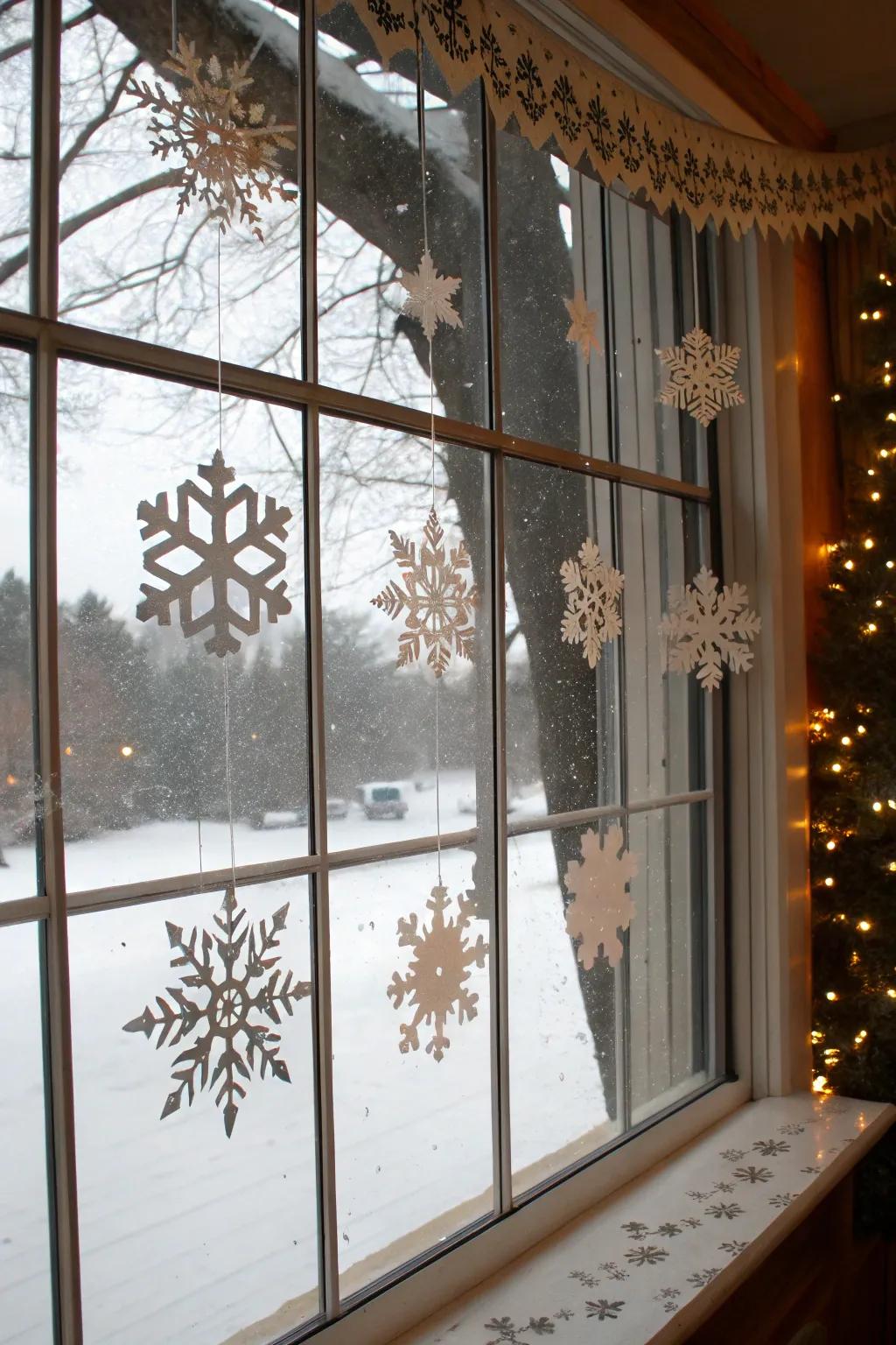 Craft paper snow fragments to incorporate quirkiness to your windows this holiday period.