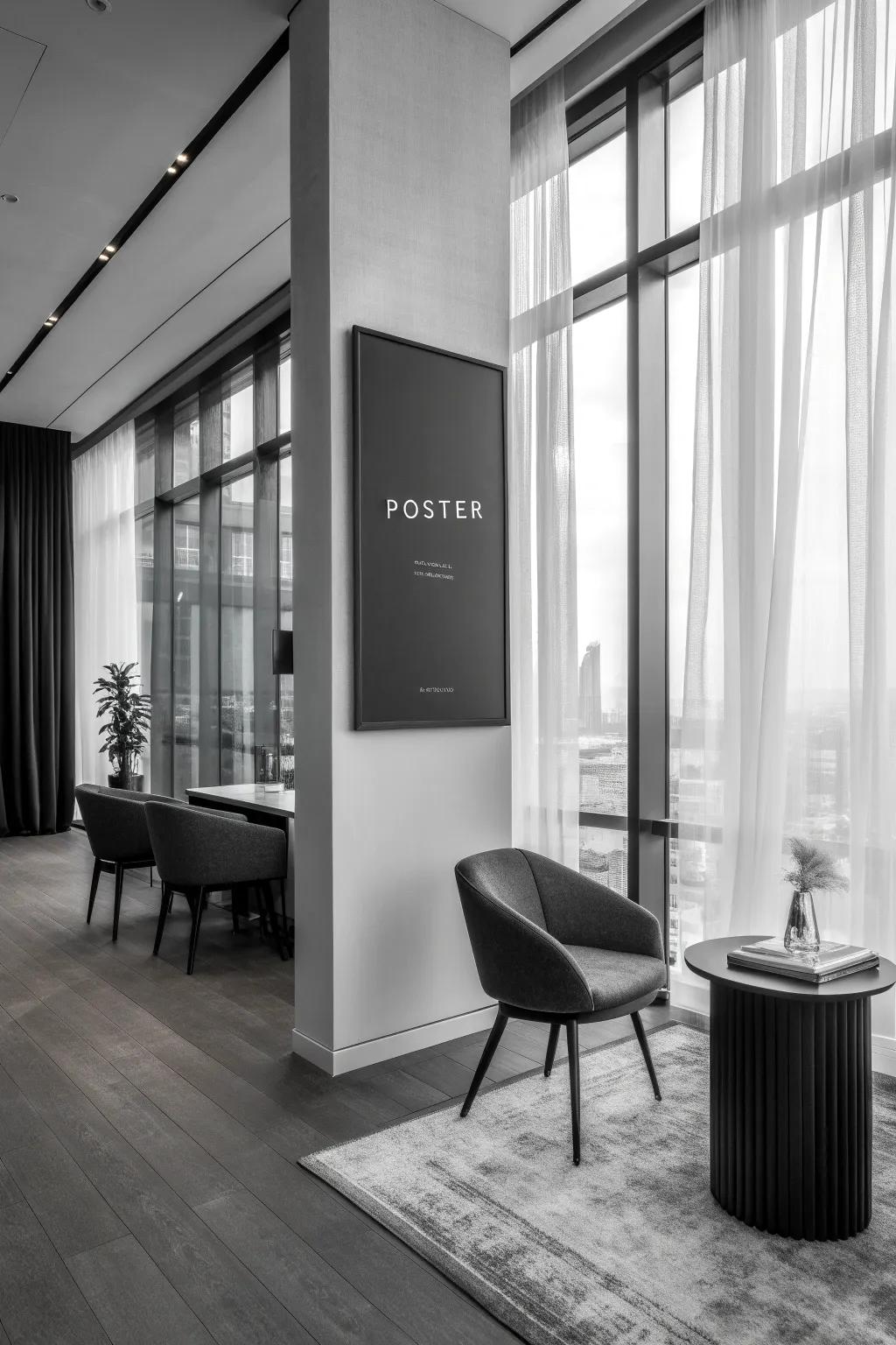 A monochromatic print contributing sophistication to an office.