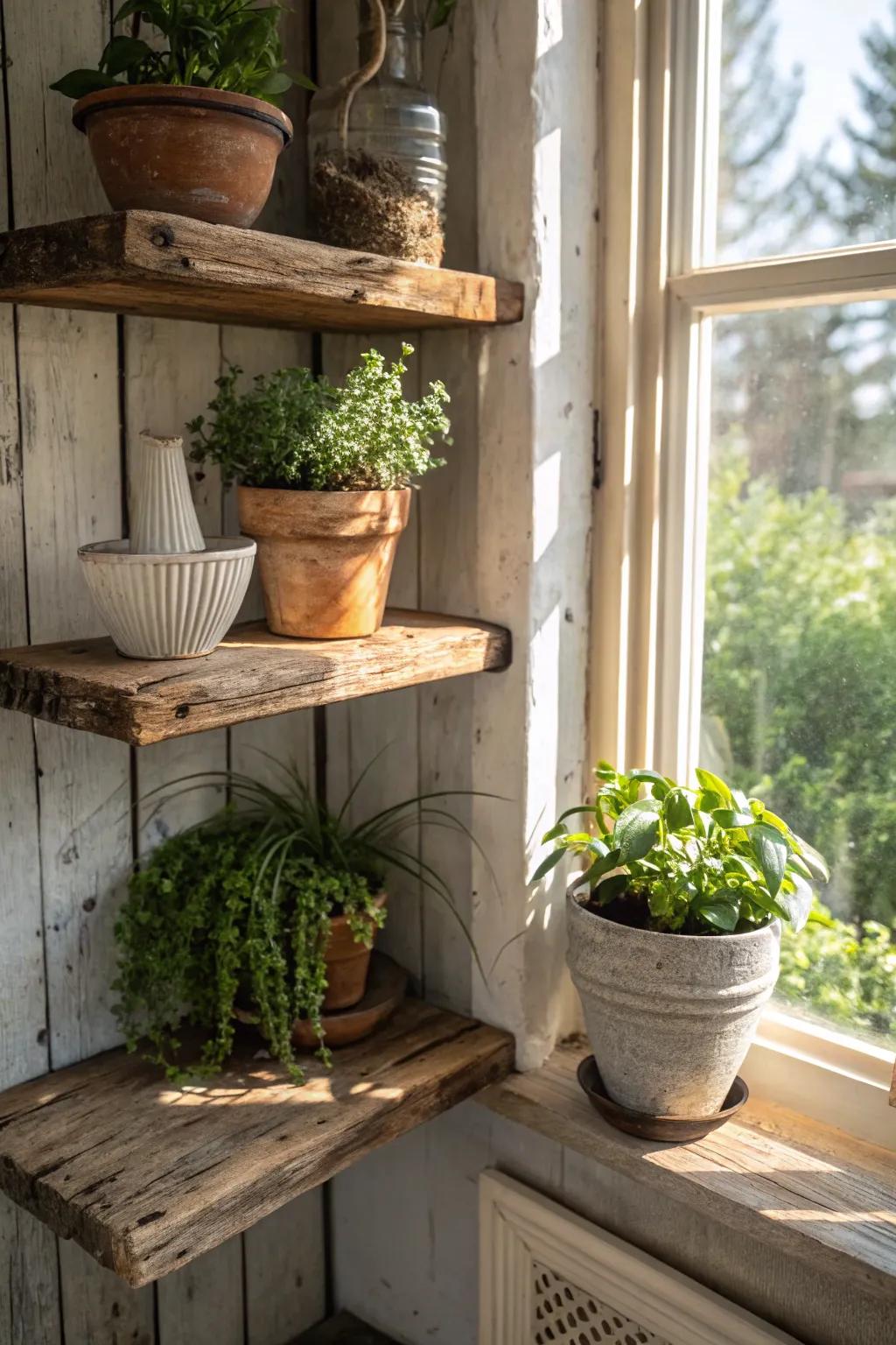 Rustic facets engender a cozy botanical space.