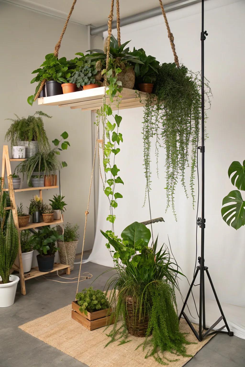 An overhead plant shelf providing a whimsical and area-saving solution.
