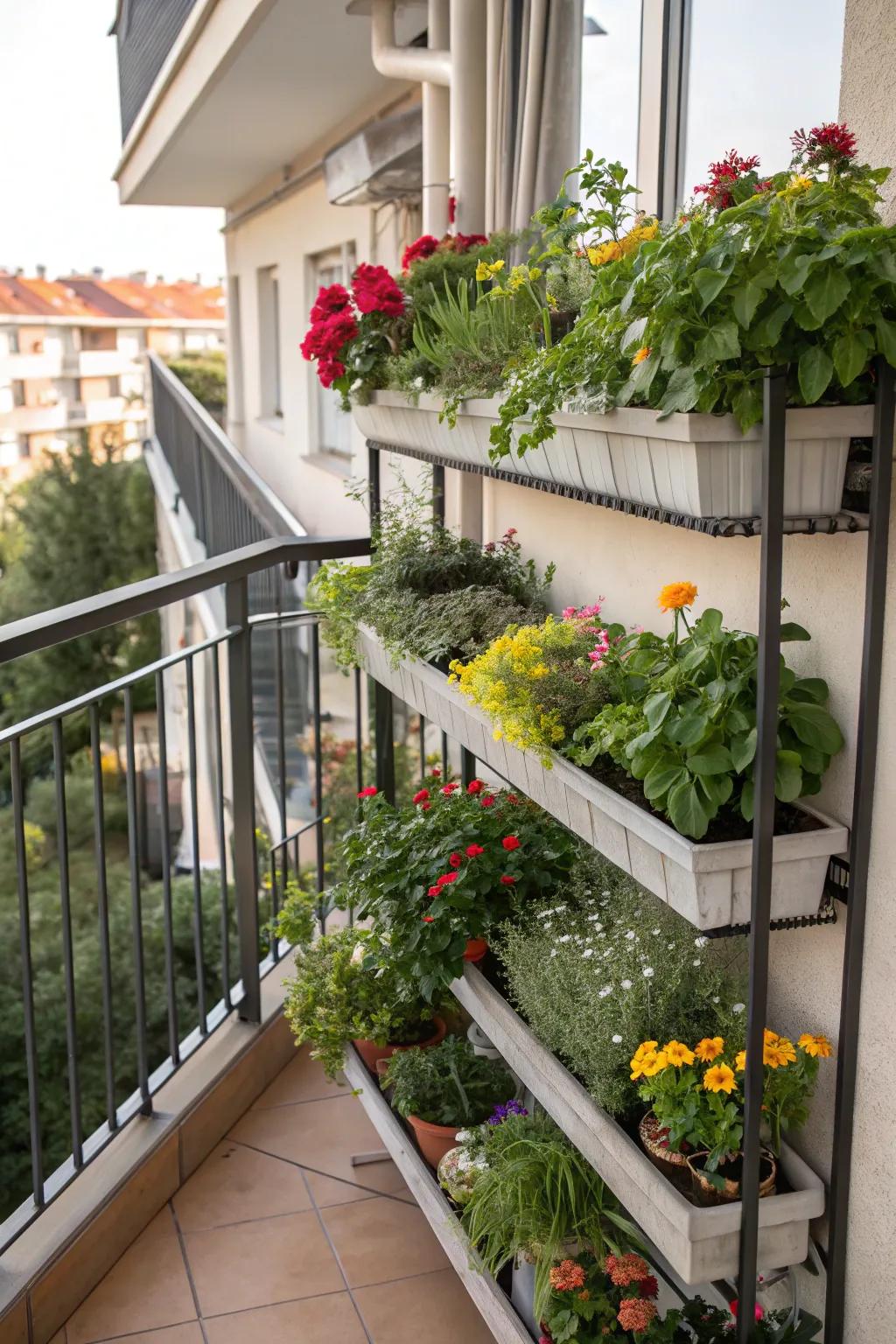 Enliven the outdoors with balcony plant shelves.
